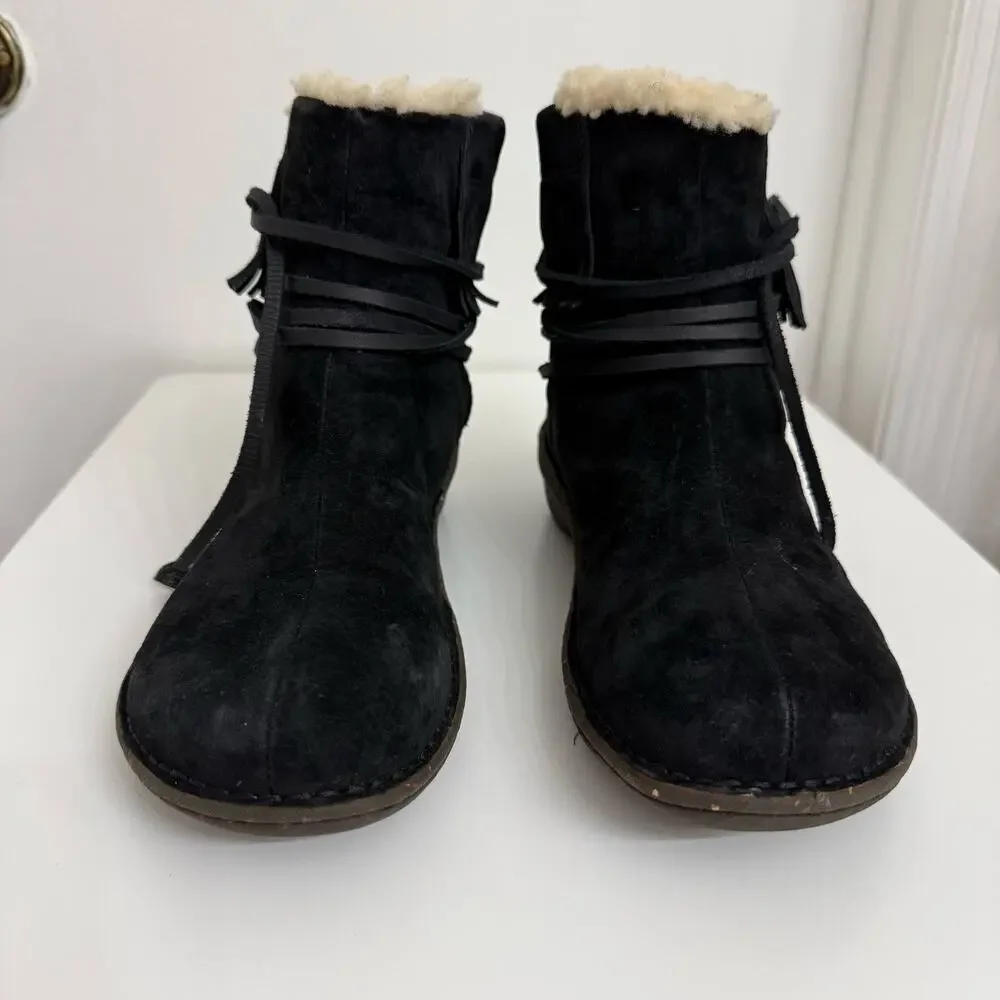 UGG Gaviota Boots Suede Fringe Shearling Wrap Ties Black Sz 9 Casual Boho Cozy - Picture 2 of 9